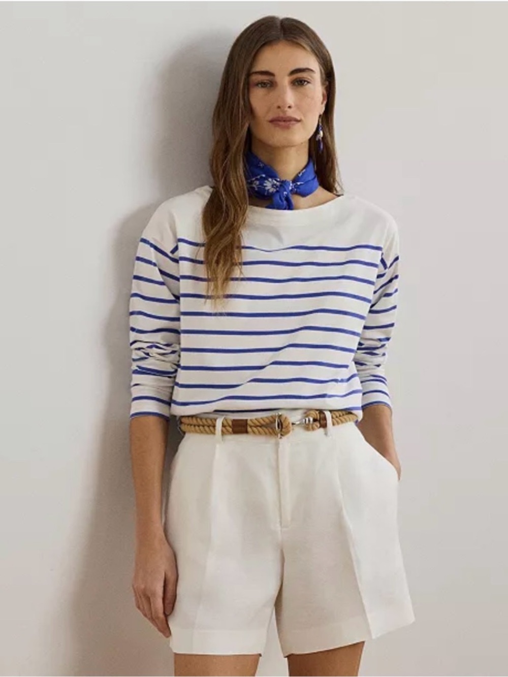 Lauren Ralph Lauren White Long-Sleeve Top with Blue Stripes